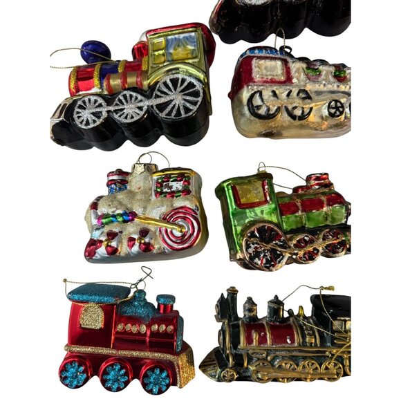Glass Train Railroad Ornaments Set Of 12 Multicolor Hand-Painted Holiday Decor V - Picture 6 of 10